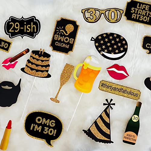 Adult 30th Birthday Photo Booth Props(41Pcs) for Her Him Dirty Thirty 30th Birthday Party, Gold and Red Decorations,30 Bir...