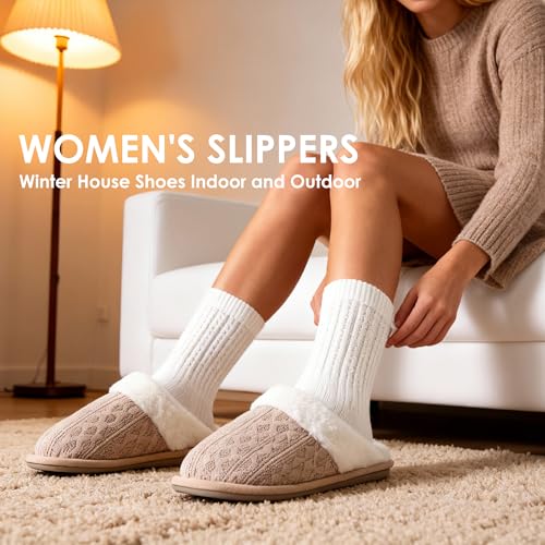 LOKIMSI Women's Cozy Knit Slippers with Faux Fur Lining Memory Foam - Non-Slip Rubber Sole Indoor/Outdoor Winter House Sho...