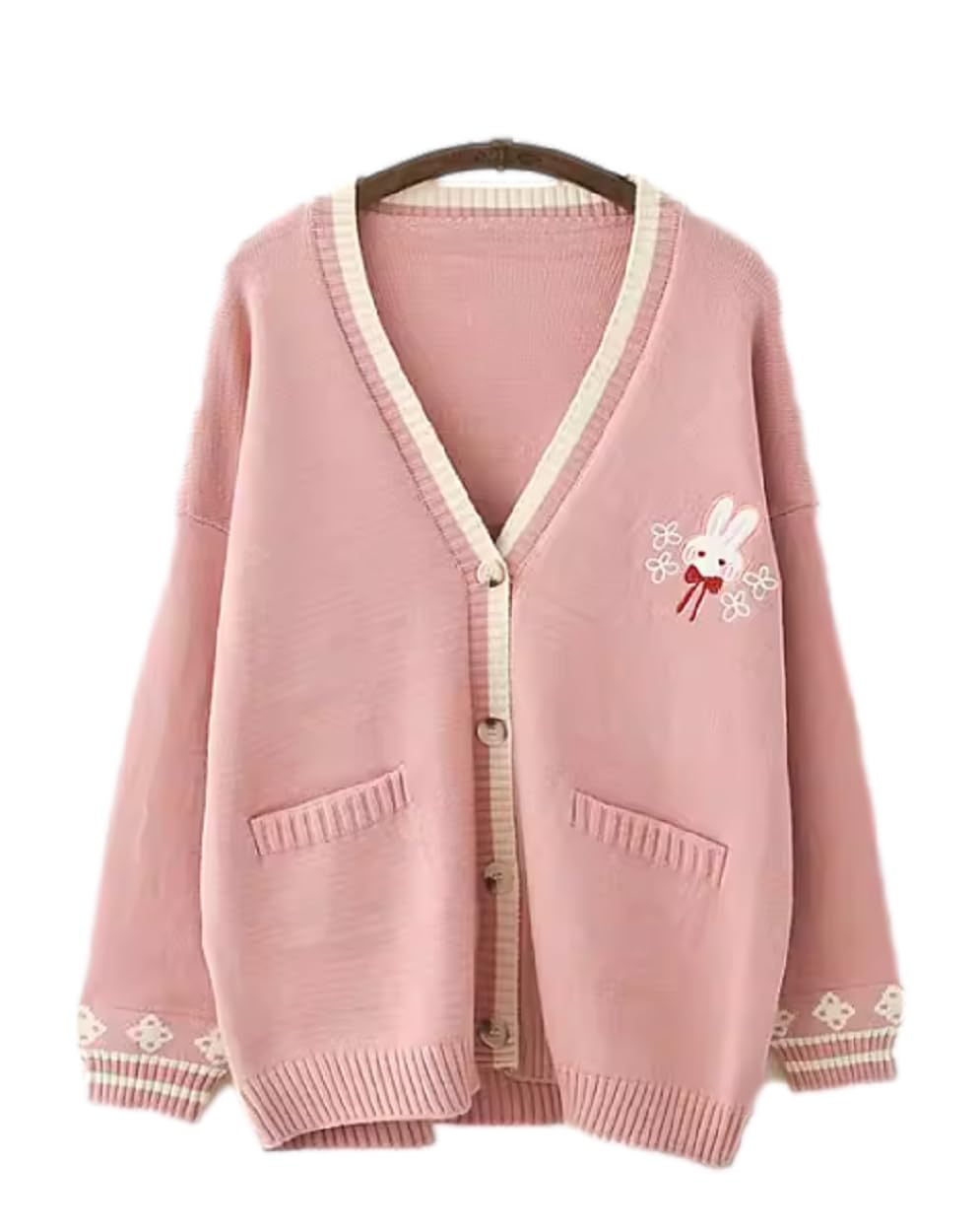 GK-O Mori Girl Kawaii Rabbit Japan JK Uniform Knit Cardigan Sweater Girl School Cosplay Sweater Vneck Long Sleeve (Pink)