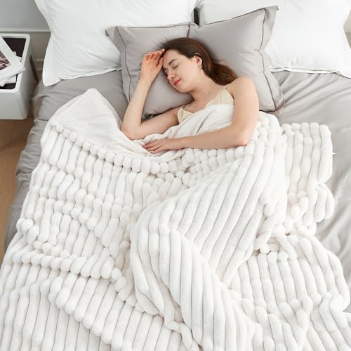 Amélie Home Faux Fur Throw Blanket for Couch, Cozy Fuzzy Fluffy Fur Luxurious Soft Striped Plush Gift Blankets for Family ...