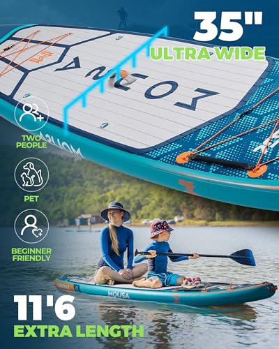 MOUSA 11'6''×34&11'6''×35" Extra Wide Inflatable Stand Up Paddle Board, Stable Long SUP for 2 People/Family, Shoulder Stra...
