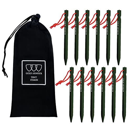 Gold Armour Tent Stakes - 12 Pack Heavy Duty, Lightweight, Camping Stakes Pegs for Outdoor Tent and Tarp, Essential Campin...