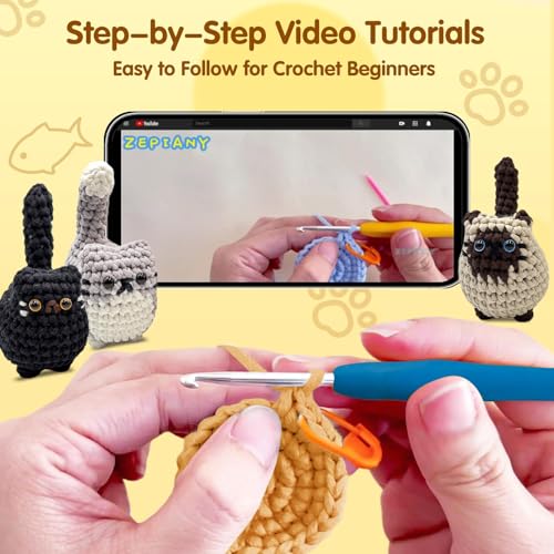 Zepiany Crochet Kit for Beginners, Crochet Cat Beginner Crochet Kit for Adults, Amigurumi Crochet Animals Cat Crafts Croch...