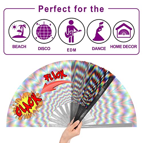 OMyTea UV Glow Rave Fan Foldable for Women/Men/Drag Queen - Large Clack Festival Folding Hand Fan - for EDM, Music Festiva...