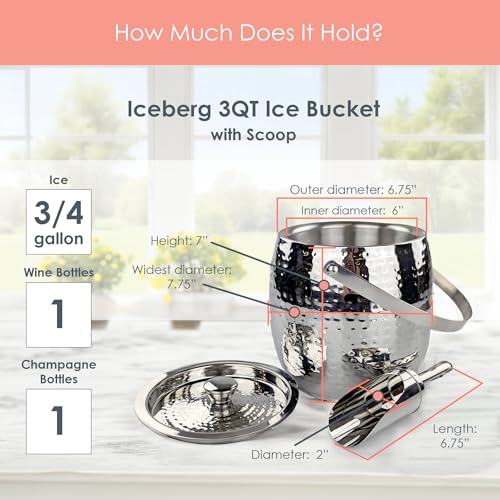 BREKX 3-QT Insulated Ice Buckets for Parties with Lid and Scoop - Iceberg Anchored Wine Chiller Champagne Bucket for Cockt...