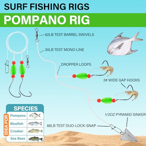 Alwonder 5-Pack Pompano Rigs Surf Fishing Rigs with Snell Floats, Saltwater Live Bait Rig Swivels Duo Lock Snaps Circle Wi...