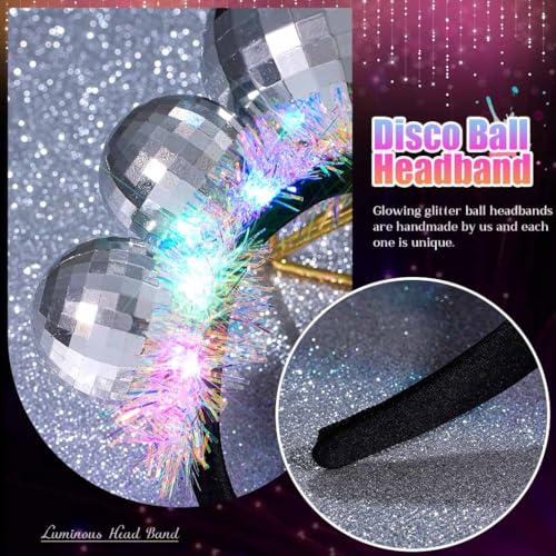 CAKURE Light Up Disco Ball Headband Silver 70s Led Hair Band Holiday New Year Eve Hair Accessories for Women