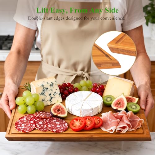 Bamboo Cutting Board Set with Stand, 3PCS Double-Sided Chopping Boards for Kitchen Meal Prep & Serving, Charcuterie, Juice...