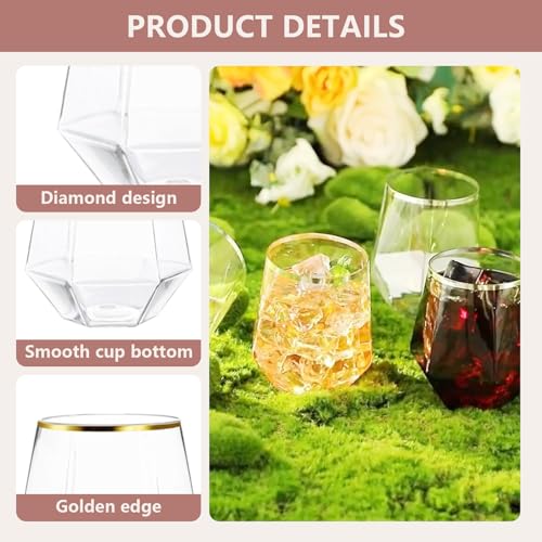 Hyuetrsa 40 Pcs Plastic Wine Cups,12 Oz Gold Rim Plastic Diamond Wine Glass Disposable Stemless Wine Glasses Unbreakable D...