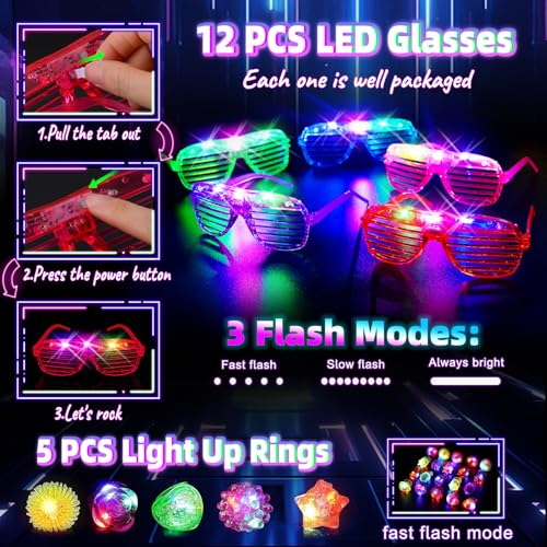 HONLYNE Glow in the Dark Supplies for Kids Adults, Light Up Party Favors, 56 LED Light Up Toys, 100 Glow Sticks Bulk Party...