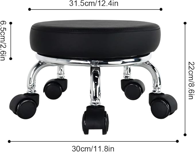 WKWKER Modern Roller Seat PU Leather Low Round Rolling Stool 360° Swivel Small Seat with Universal Wheels Foot Stool for Home Office Garage Shop Fitness Sport H：8.6" （Black）