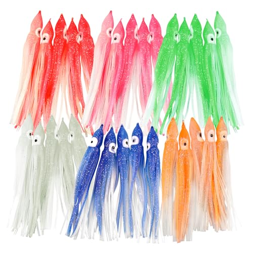 OriGlam 30pcs Luminous Squid Fishing Lures, Glow Octopus Skirts Squid Skirts Trolling Lures, Trolling Saltwater Baits Soft...