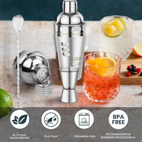 Cocktail Shaker Martini Shaker Set with Recipe, 24 oz Martini Shaker Drink Shaker Drink Mixer Stainless Steel Cocktail Sha...