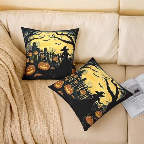 Halloween Style Pillow Covers 4 Pack Pumpkin Lantern Moon Cushion Pillow Covers for Bedroom Living Room Decor Gothic Style Pillowcases for Sofa Couch Chair,16 x 16 Inch