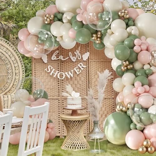 Sage Green Pink Gold Balloon Arch Kit 132Pcs Sage Green Pink Peach Ivory White Gold Clear Balloons for Boho Wildflower Bab...