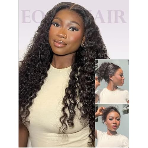 Hidden Strap 360 Drawstring Full Lace Front Wigs Human Hair Pre Plucked 200 Density Deep Wave 360 Invisible Drawstring Glueless Wet And Wavy HD Lace Front Wig Human Hair For Black Women 14 Inch