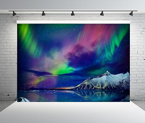 BELECO 7x5ft Fabric Gorgeous Northern Lights Backdrop Norway Aurora Borealis Alaska Snow-Capped Mountains and Sea View Bac...
