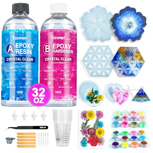 Teexpert Epoxy Resin Kit for Beginners, 32OZ Resin Kit with Silicone Molds, Complete Set with 24 Colors, Dried Flowers and...