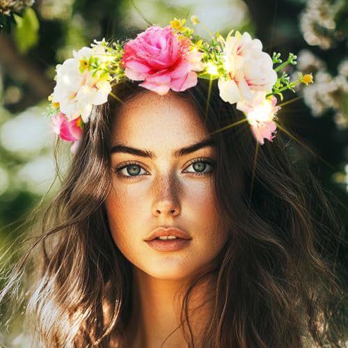 DRESBE Light Up Flower Headbands LED Floral Wreath Crown Headband Glow Rose Garland Hair Accessories for Women