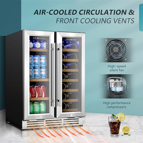 EUHOMY Wine and Beverage Refrigerator, 24 Inch Dual Zone Wine Cooler with Glass Door Hold 21 Bottles and 88 Cans, Built in...