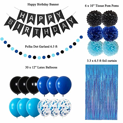 ANSOMO Blue and Black Happy Birthday Party Decorations for Boys Men Banner Balloons Navy Royal Light Blue Pom Poms Foil Cu...