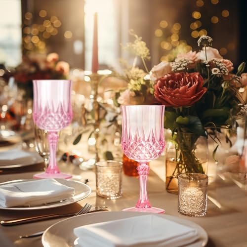 XKXKKE 12 Pcs Pink Plastic Wine Glasses, Plastic Water Goblets for Parties, Stemmed Drinking Glasses for Wedding Receptio...