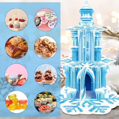 Frozen Birthday Party Decorations, 3-Tier Frozen Cupcake Stand with Snowflakes and Ice Castle Design for Winter Wonderland...