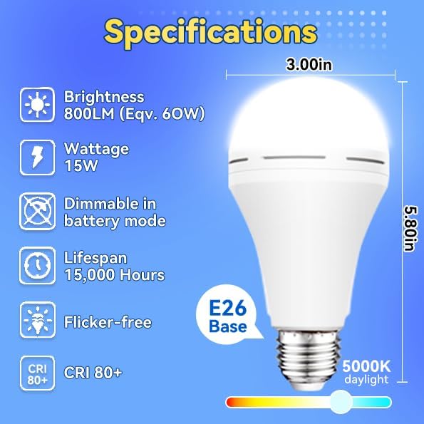 Neporal LITE PRO Rechargeable Light Bulbs, 2600mAh Large Battery Backup Light Bulbs, Perfect As Emergency Lights for Home Power Failure, Hurricane Prepareness Item, E26/E27