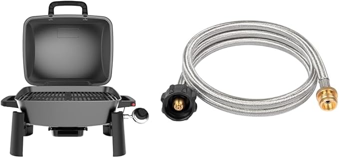 Nexgrill 10,000BTU 1-Burner Portable Propane Gas Grill Bundle with SHINESTAR Propane Adapter & Hose for Coleman Stoves, Bl...