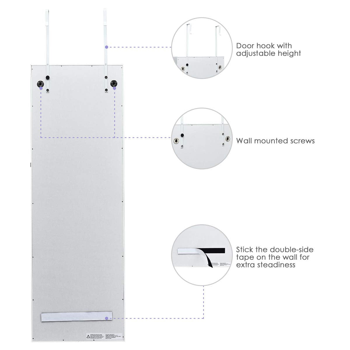 FANTASK Wall/Door Mounted Jewelry Cabinet Armoire, Lockable Armoire Cabinet w/Full Length Mirror, 2 LED Lights, Adjustable Hanging Hooks, Jewelry Organizer for Dressing Make-up (White)