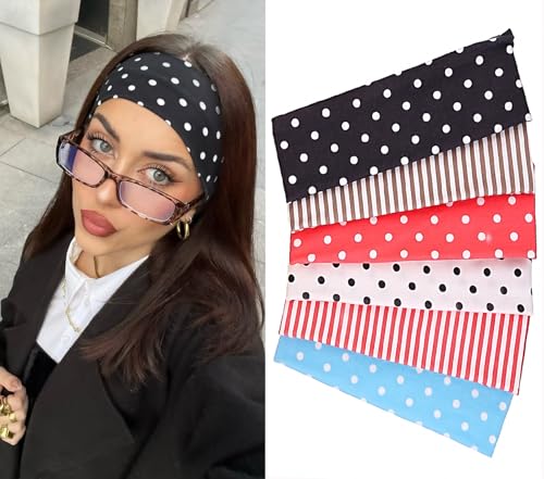 Leeven Polka Dot Headband for Women 6 Pack Non Slip Soft Elastic Floral Hairbands Soft Fabric Stripe Head Bands for Girls ...