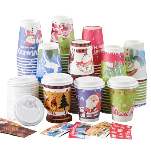 Dorizeg Christmas Cups with Lids and Sleeves 12oz Disposable Coffee Cups with Lids Hot Chocolate Cups 10 Designs, Christma...