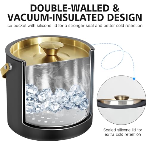 3.2L/3.4QT Modern Insulated Ice Bucket with Silicone Lid, Scoop, Strainer, Double Wall Stainless Steel Ice Bucket for Part...