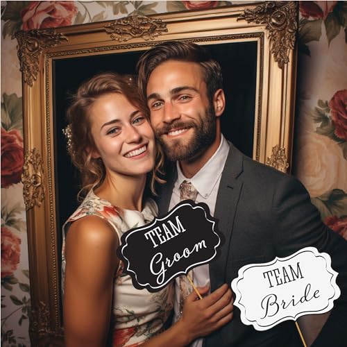 Wedding Photo Booth Props with 8 x 10-Inch Sign, 45 Adhesive Pads, 35 Wooden Sticks - Signs for Wedding Backdrop and Selfi...