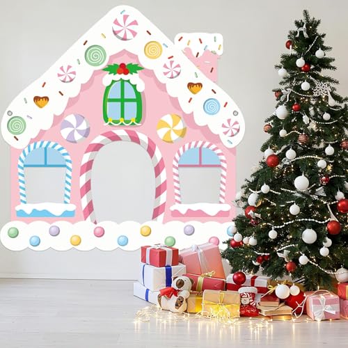 Large Christmas Gingerbread House Photo Booth Props Pink Gingerbread House Birthday Party Supplies Fabric Backdrop Door Ba...