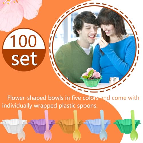 Vmiapxo 100 sets 8 oz Disposable Ice Cream Bowls and Spoons, Flower Shape Plastic Sundae Cups, Ice Cream Bar Supplies, Col...