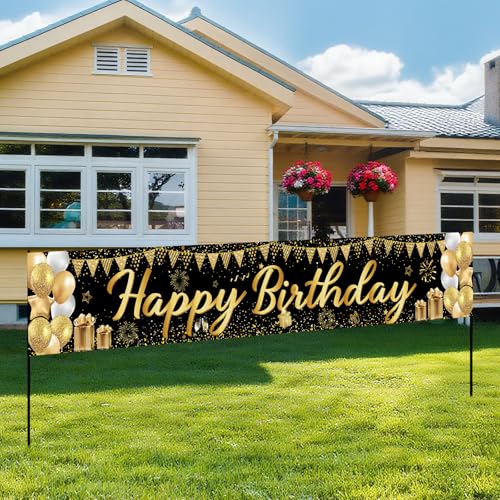 Happy Birthday Banner - Black and Gold Happy Birthday Decorations,118x20 Reusable Birthday Decorations for Women Men Boys ...