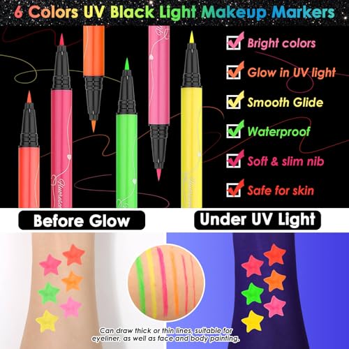 Glow in The Dark Glitter Gel with UV Neon Liquid Eyeliner Pen Set for Body Face Hair Eye, Makeup Kit for Rave Accessories ...