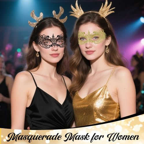 UV-BANS Masquerade Mask for Women - 2 Pcs Lace Black & Gold Masquerade Mask for Women Halloween Costume, Carnival, Mardi G...