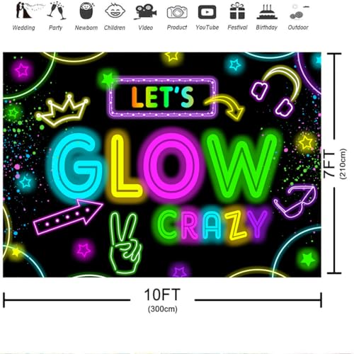 Wollmix Neon Glow Party Decorations Supplies Backdrop 10x7ft Glow in The Dark Let’s Glow Banner Photography Background Bir...