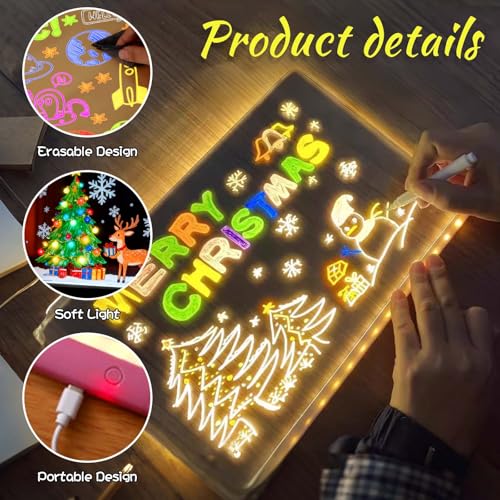 Acrylic Dry Erase Board with Light, LED Note Board with Colors, Magic Sketch LED Board with Stand, Reusable Dry Erase Mess...