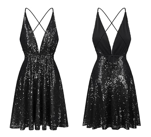 R.Vivimos Women's Sequin Dress Spaghetti Strap Sexy Deep V Neck Backless Glitter Club Party Skater Swing Mini Dress
