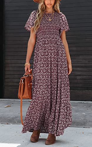 PRETTYGARDEN Women's 2026 Spring Casual Flutter Short Sleeve Boho Floral Maxi Dress Crew Neck Smocked Tiered Long Dresses