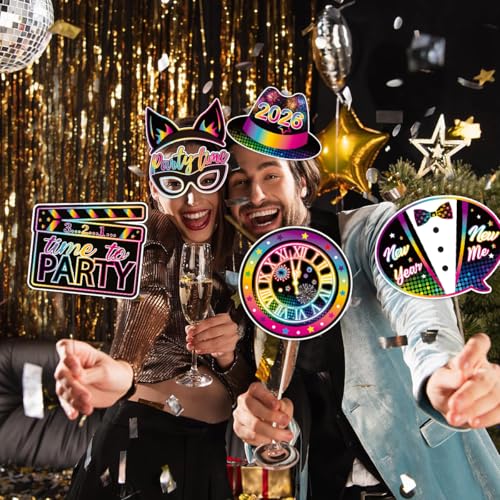 30 Pcs Happy New Year Photo Booth Props, 2026 Glitter Selfie Photo Booth Props Set for New Year Party Decor