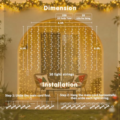 JMEXSUSS 200 LED Christmas Curtain Lights for Bedroom, Warm White Hanging Curtain String Lights Indoor, USB Plug in Christ...