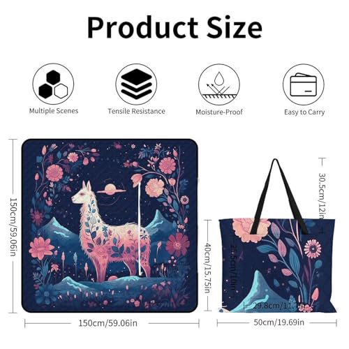 Starry Night Alpaca Picnic Blankets Waterproof Blanket Outdoor Beach Blanket with Tote Bag Design, Foldable Picnic Mat for...