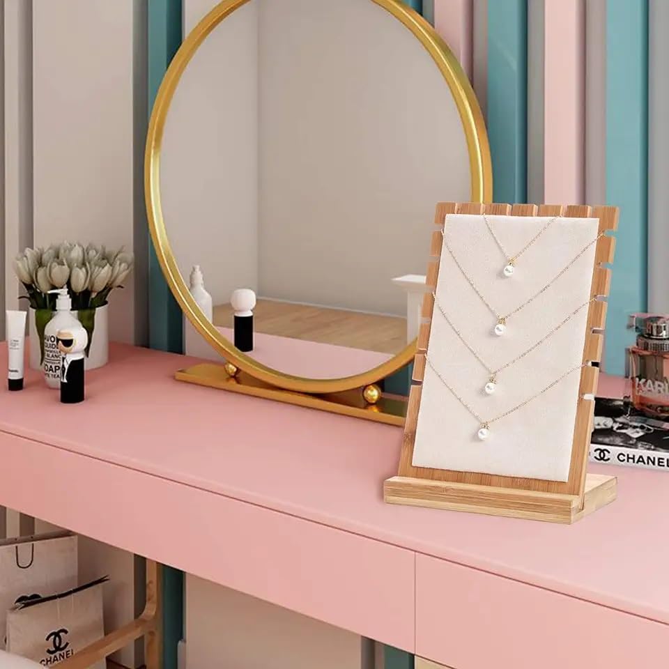 RJ Displays Set of 2 Large Beige PU & Bamboo Wood Necklace Jewelry Display Boards – Adjustable Necklace Holder Stands for ...