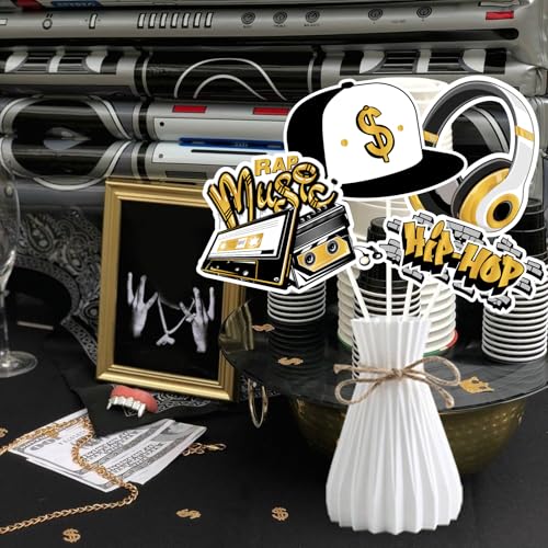 Cheereveal Golden and Black Hip Hop Photo Booth Props - 24 Pieces Retro Rock and Roll 90s Disco Music Themed Birthday Bach...