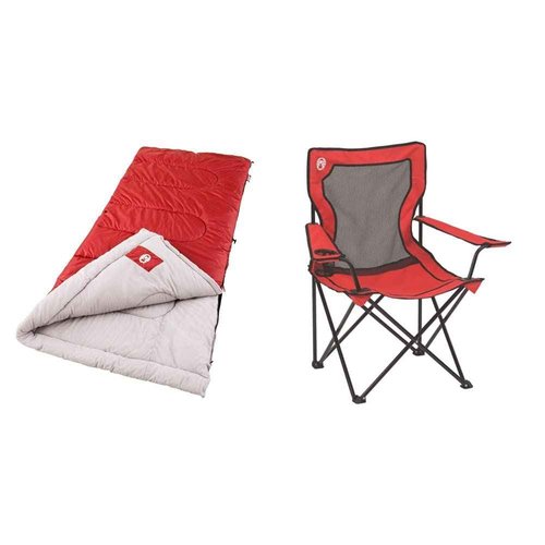 Coleman Palmetto Cool-Weather Sleeping Bag, 30°F Lightweight Camping Sleeping Bag for Adults, No-Snag Zipper with Stuff Sack Included and Coleman Broadband Mesh Quad Camping Chair, Cooling Mesh Back with Cup Holder, Adjustable Arm Heights, & Carry Bag; Su