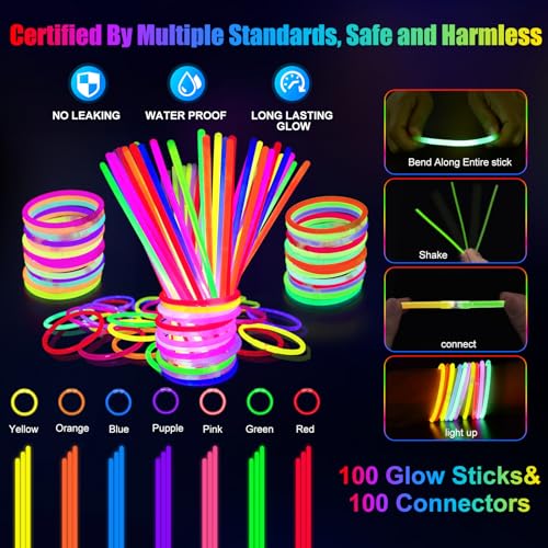 SHQDD 158 PCS Glow in the Dark Party Supplies, 14PCS LED Glasses, 30LED Finger Lights, 14LED Light Hairs and 100PCS Glow S...
